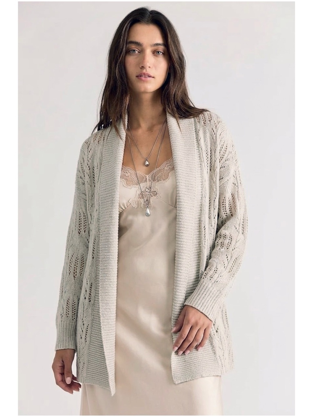 Torrid Taupe Shawl Collar Open Knit pointelle Cardigan Sweater Sz 0X/ Large Prep